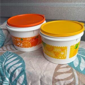 Tupperware White Bowls with Vibrant Orange and Yellow Lids